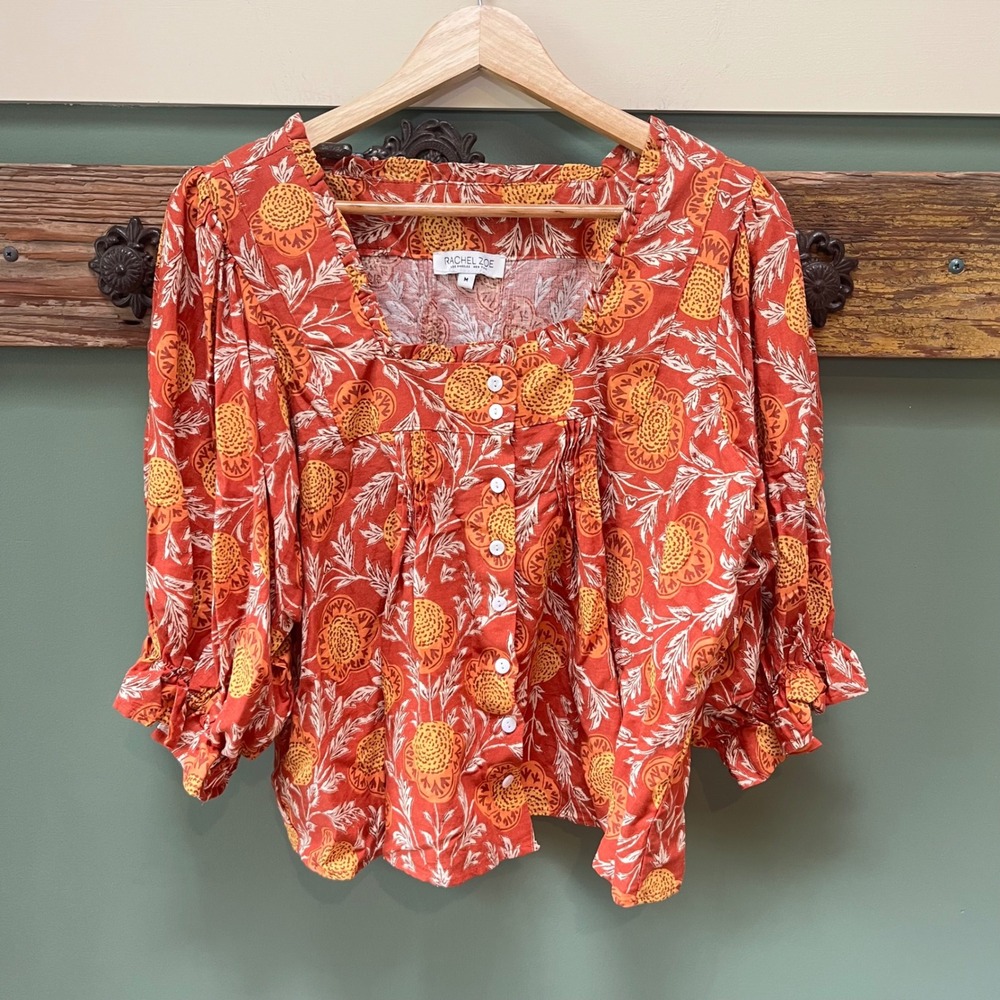 Rachel Zoe Orange Floral Linen Blend Puff Sleeve Button Front Blouse Medium